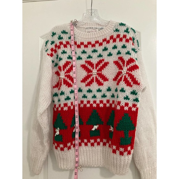 ADELL BARRE Large Vintage 80's Hand Knit Christmas Sweater Bows Pearl Beads - Picture 4 of 7